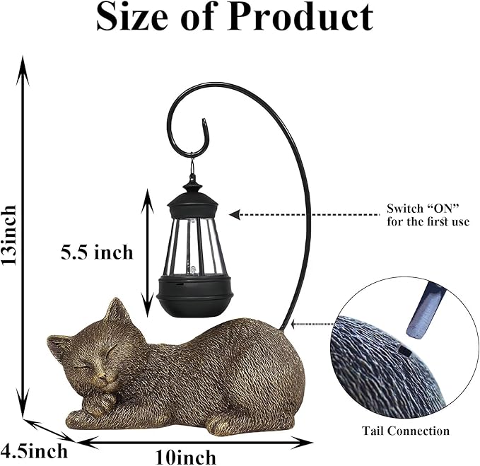 Solar Garden Statue Cat Figurine, 13 Inch Tall Garden Cat Statues Art with Solar Lantern, Loving Cat Statues for Patio, Balcony, Yard, Lawn and Porch, Unique Housewarming Gift for Garden Mom Grandma