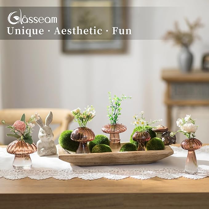 Glasseam Mushroom Plant Propagation Stations: Amber Glass Terrarium Jar Set of 5 Cute Planters for Indoor Plants Mini Propagate Station Unique Christmas Birthday Gifts for Women Home Office Decor