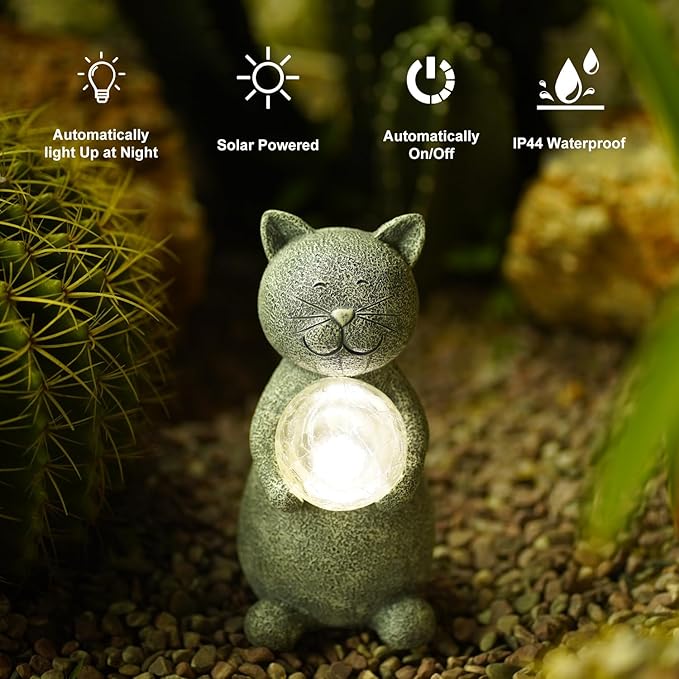 Solar Cat Statue - Garden Decor with LED Lights, Perfect for Mom or Grandma (Gray Cat)