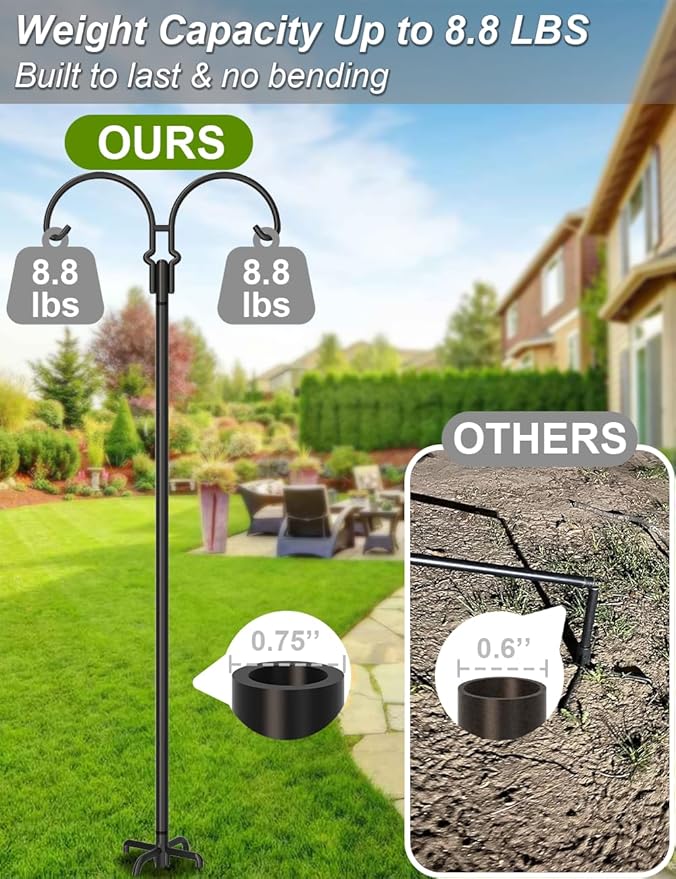 Outdoor Double Shepherds Hook with 5 Prong Base, 92 Inch Adjustable Heavy Duty Two Sided Bird Feeder Pole Stand for Hanging Plant Baskets, Solar Light Lanterns, Hummingbird Feeder, 1 Pack