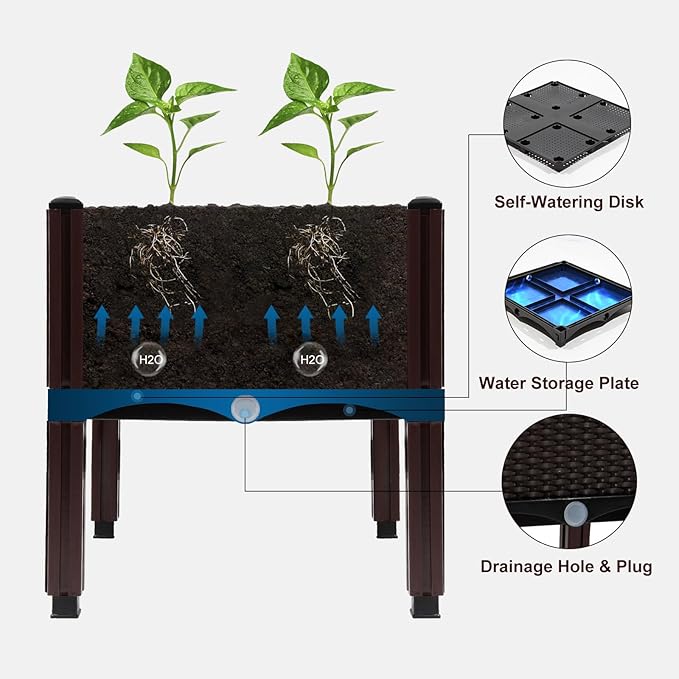 MAYOLIAH Raised Garden Bed with Drainage Elevated Planter Box Plastic Raised Beds for Gardening Vegetables Herb Flowers, Perfect for Indoor Outdoor Planting, 2 Boxes Brown