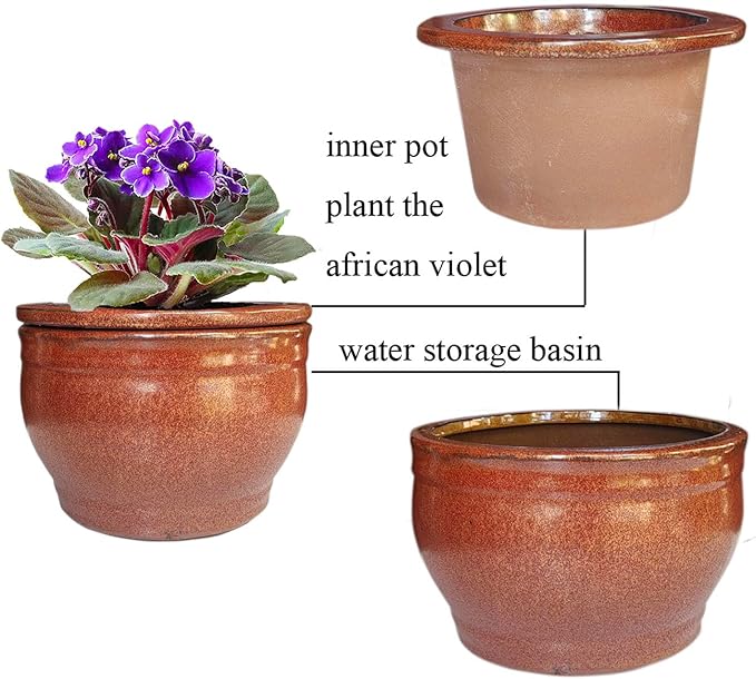 African Violet Pots Self Watering Round Ceramic Violet Pot (Copper, 6 inch)