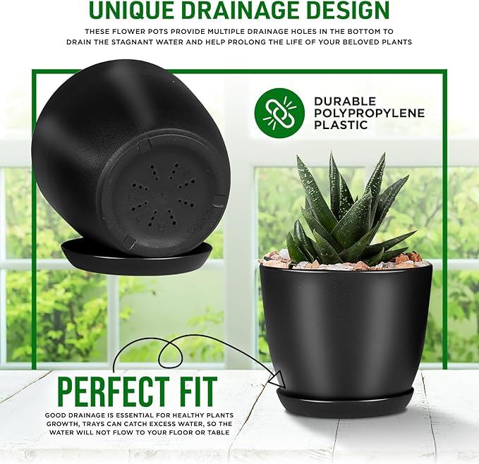 Plant Pots with Multi Drainage Holes - 5 Pieces Versatile, Sturdy Plastic, Stackable Design Home Decor Flower Pots for Indoor and Outdoor Gardening - Black