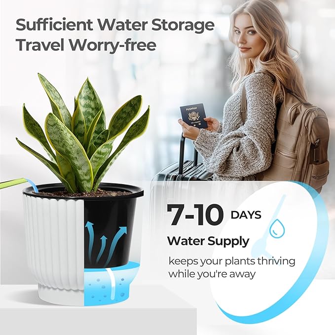 T4U 7 Inch Self Watering Pots for Indoor Plants, 4 Pack White Plastic Flower Pots for All House Plants, Flowers, African Violets