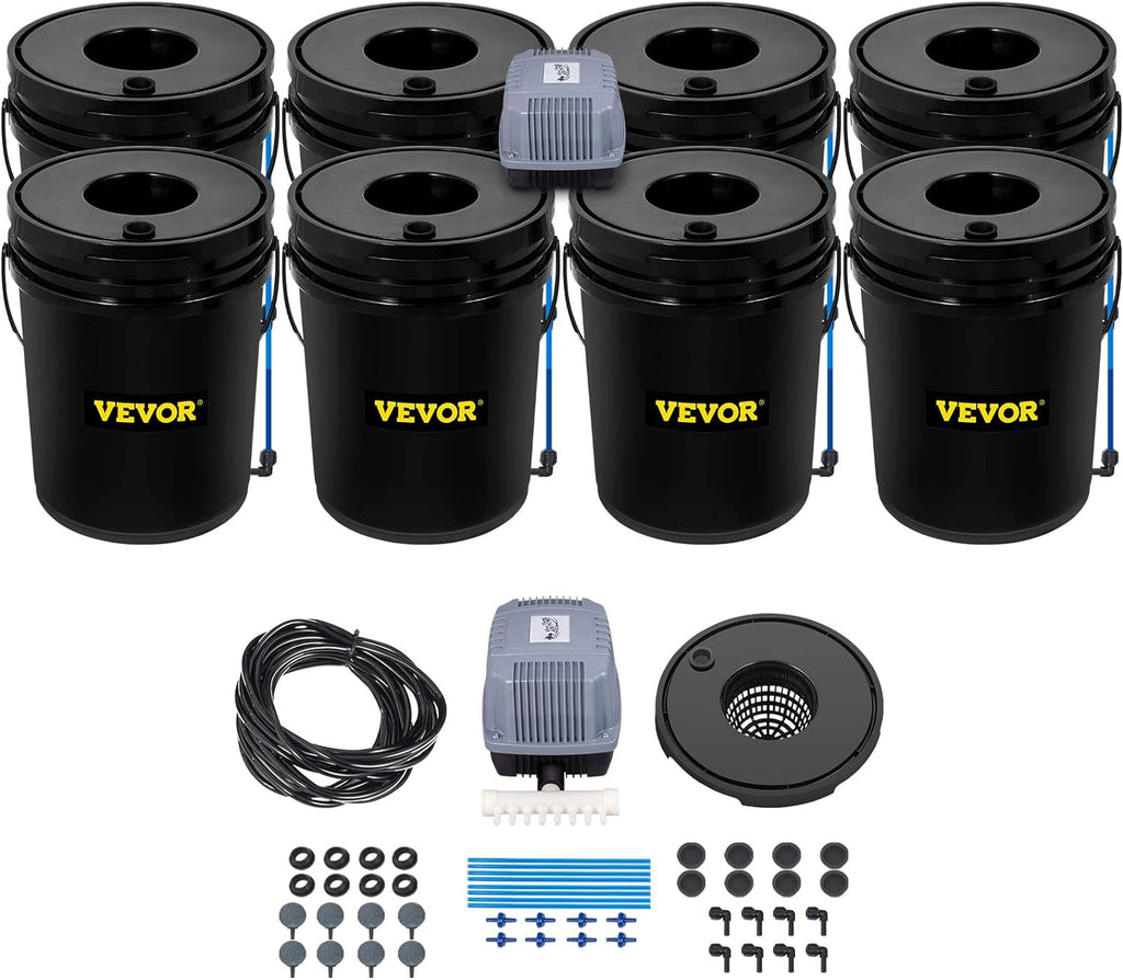 VEVOR DWC Hydroponic System, 5 Gallon 8 Buckets, Deep Water Culture Growing Bucket, Hydroponics Grow Kit with Pump, Air Stone and Water Level Device, for Indoor/Outdoor Leafy Vegetables