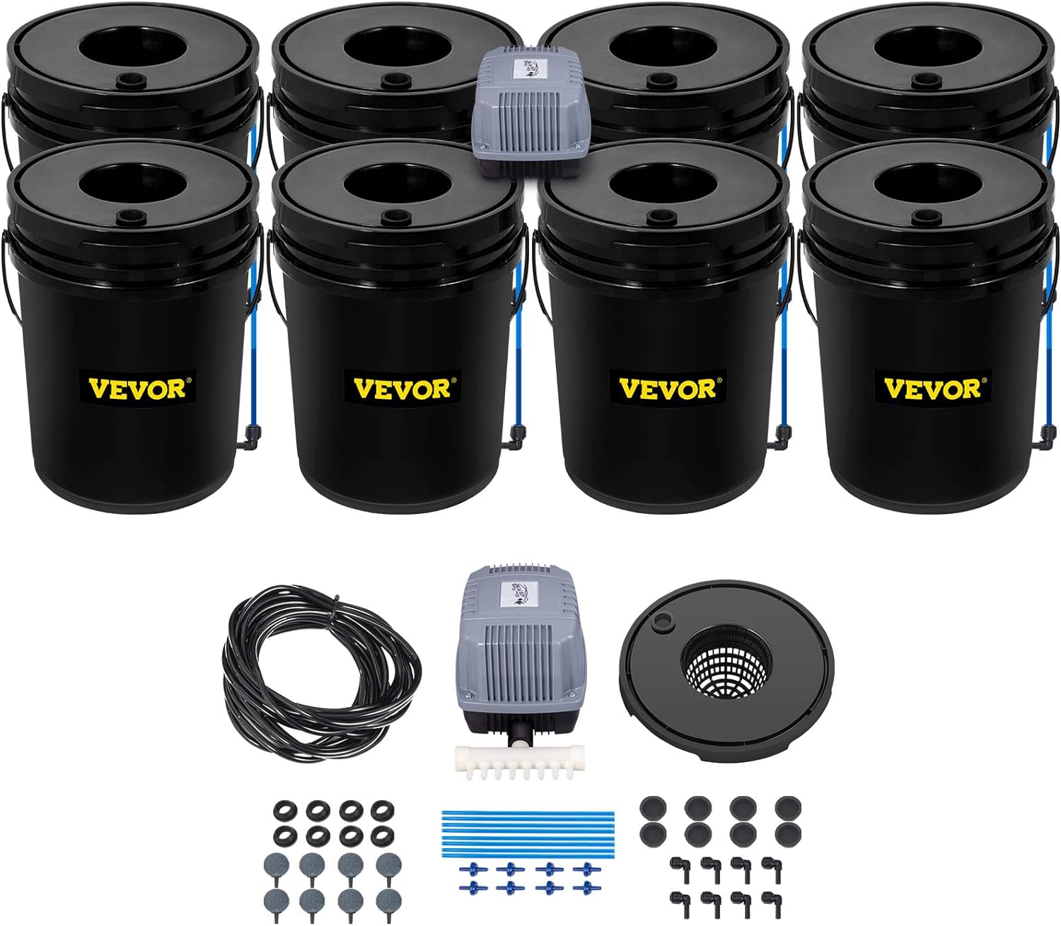 VEVOR DWC Hydroponic System, 5 Gallon 8 Buckets, Deep Water Culture Growing Bucket, Hydroponics Grow Kit with Pump, Air Stone and Water Level Device, for Indoor/Outdoor Leafy Vegetables