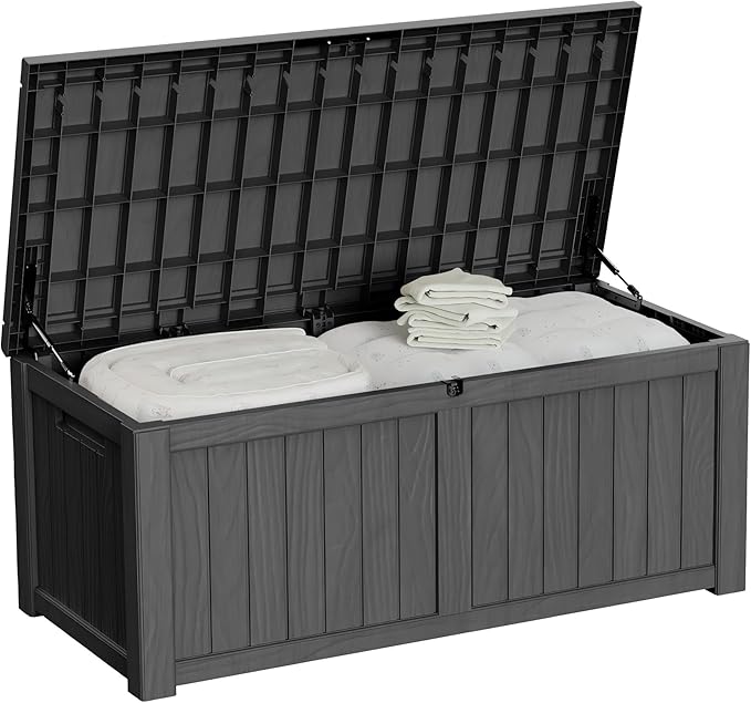 150 Gallon Outdoor Storage Box Patio Deck Box Waterproof, Resin Lockable Outside Large Storage Bin for Pool Cushion Furniture, Garden Tools UV-Resistant, Black