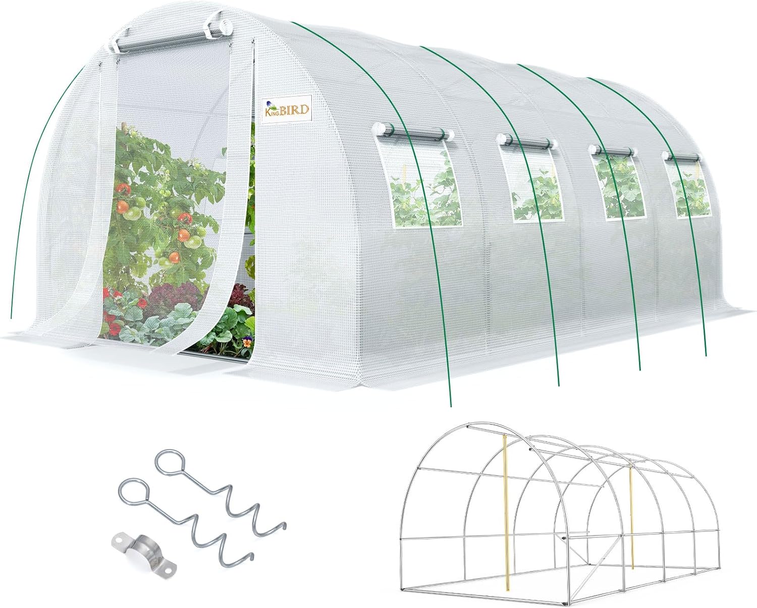 KING BIRD Premium 20x10x6.6FT Greenhouse for Outdoors, Large Walk-in Heavy Duty Galvanized Steel Frame, Mesh Door Screen Window Upgraded Zipper Tunnel Hoop for Garden Plant Winter, White
