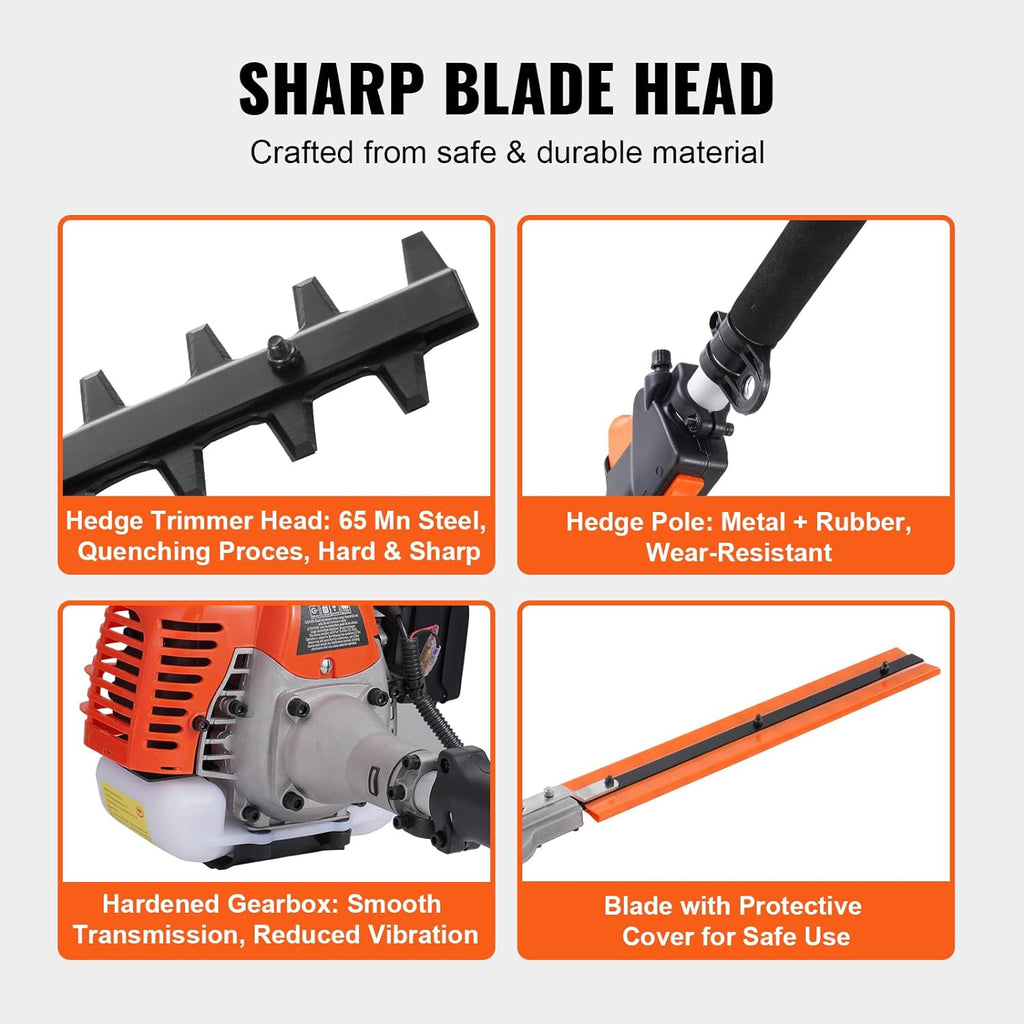 VEVOR 43cc 6-in-1 Multi-Functional Trimming Tool, Hedge Trimmer, Weed Eater, String Trimmer, Brush Cutter, Edger, Pole Saw Chainsaw Pruner with Extension Pole, w/EPA, CE and EMC Certification