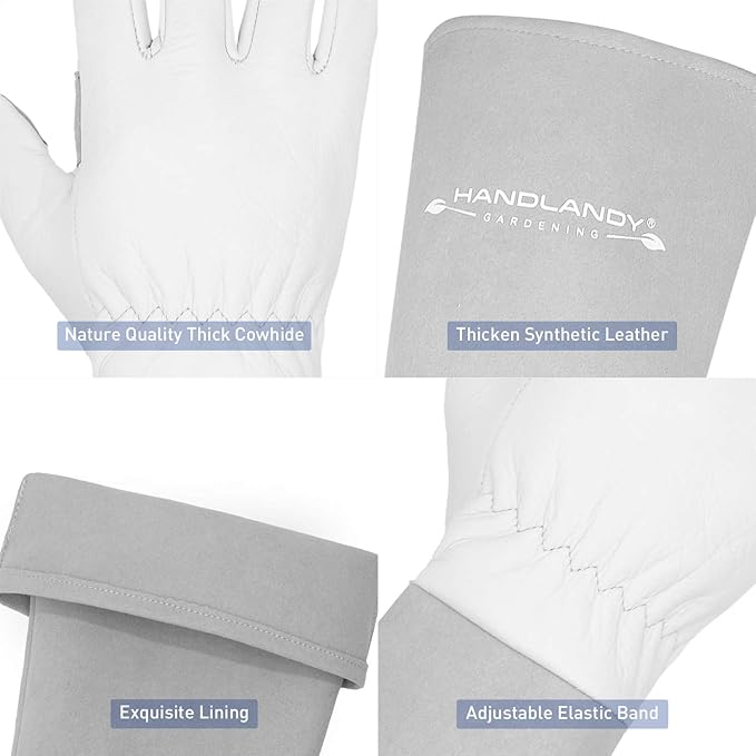 HANDLANDY Long Gardening Gloves for Men & Women, Thorn Proof Rose Pruning Gloves Leather Gauntlets Garden Glove Yard Work Glove (Large, Grey)