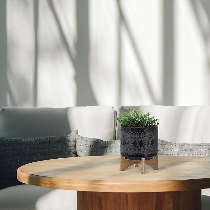Sagebrook Home Black and Gray Aztec Design Ceramic Planter with Solid Rubberwood Stand for Tabletop Display in Living Room, Bedroom, or Office