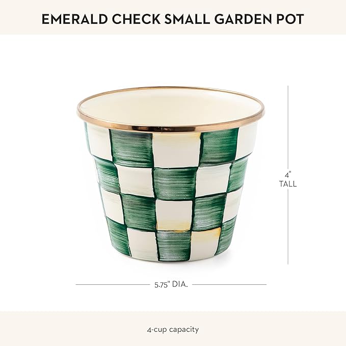 MACKENZIE-CHILDS Enamel Garden Pot, Decorative Pot for Plants, Outdoor Flowerpot Decor, Small, Green-and-White Emerald Check