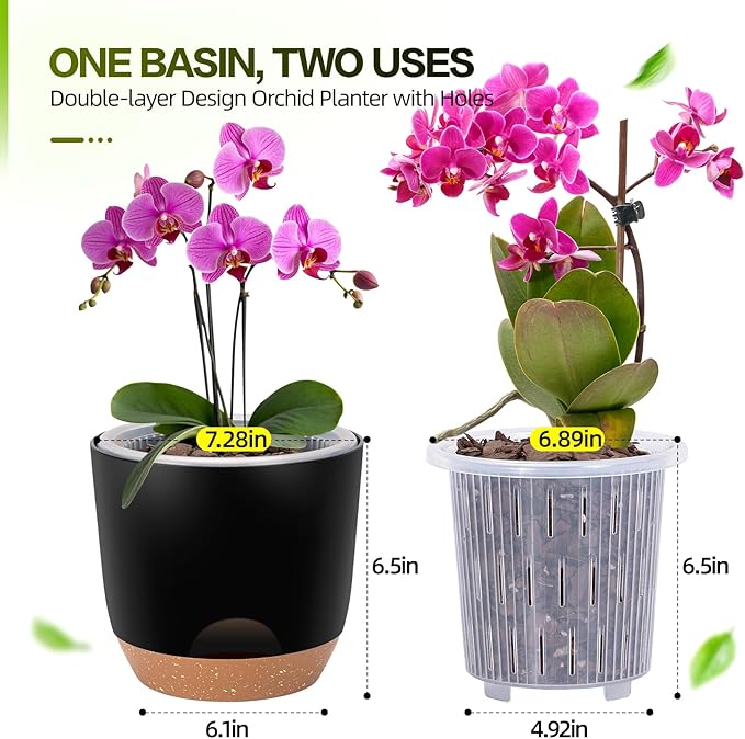 7.2 Inch Self Watering Orchid Pots for Indoor Plants,Macetas para Orqudeas,Flower Pots for Indoor Plants with Holes(Black)