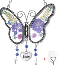 Laraine Butterfly Suncatcher with Pressed Flower Wings Mom Mother's Day Butterfly Glass Wind Chime Ornament Charm with Metal Heart Gifts for Mom Grandma Birthday ((Purple Sister (with Free Hook))