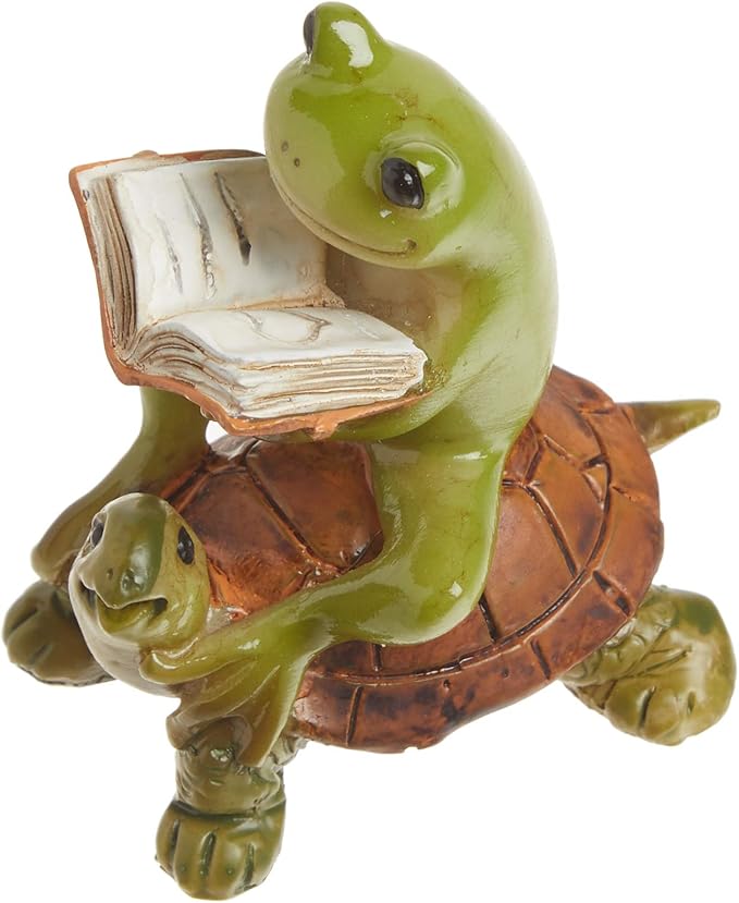 Top Collection Miniature Fairy Garden & Terrarium Frog Reading Book on Turtle Statue, Small, Green, Orange