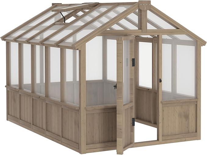 6x10 FT Green House for Outdoor, 6MM Thick Polycarbonate Panel Wooden Walk-in Greenhouse Kit with Lockable Door and Adjustable Roof Vent, Backyard Garden, Light Mocha Brown