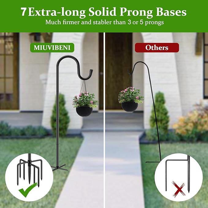 60" Shepherds Hooks for Outdoor, Heavy Duty Bird Feeder Pole for Hanging Lantern, Hummingbird Feeder, 7 Prongs Base Shepherds Hook for Bird Feeders Outside,1 Pack, Black