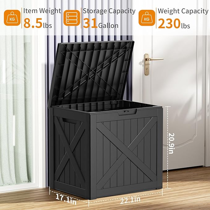 32 Gallon Resin Deck Box, Lockable Outdoor Storage Box for Patio Cushions Storage Furniture,Garden Tools, Pool Supplies, Weatherproof and UV Resistant（Black X）