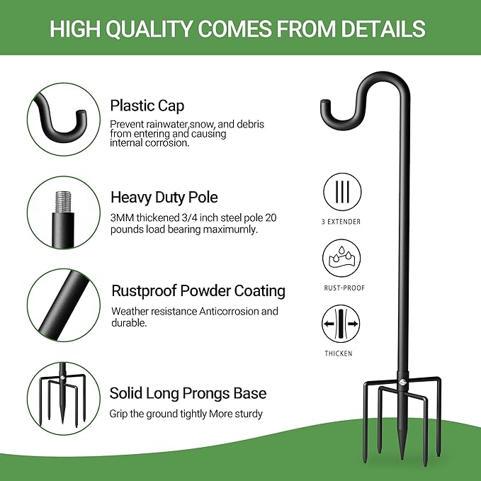 76" Shepherds Hooks for Outdoor, Extra Thick Bird Feeder Pole with 5 Prong Base, Adjustable Shepards Hook for Garden, Weddings, Hanging Plant