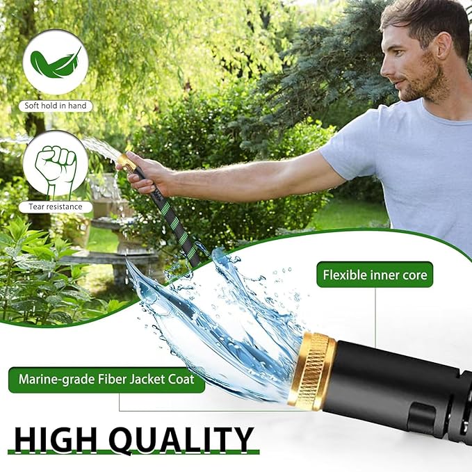 Non-Expanding Garden Hose 100Ft, Flexible Kink Free Water Hose with 10 Watering Spray Nozzle, Lightweight Hose Pipe, Leak-Proof, Durable, 3/4" Metal Alloy Connector, Portable Storage Strap