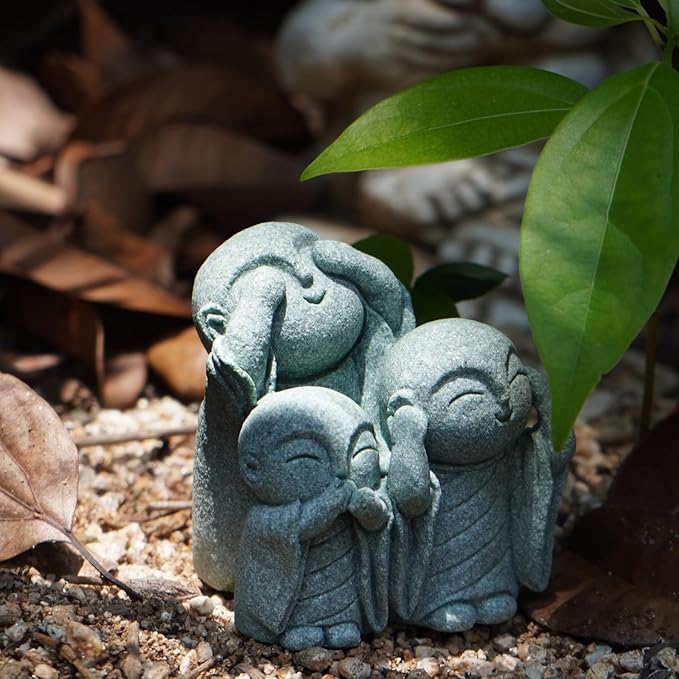 OwMell 3 Japanese Jizo Statue Stone Japanese Buddha Jizo Monk Statue Figurine Memorial Statue Aquarium Decoration Garden Outdoor Ornament 3"" - No Evil, Gray