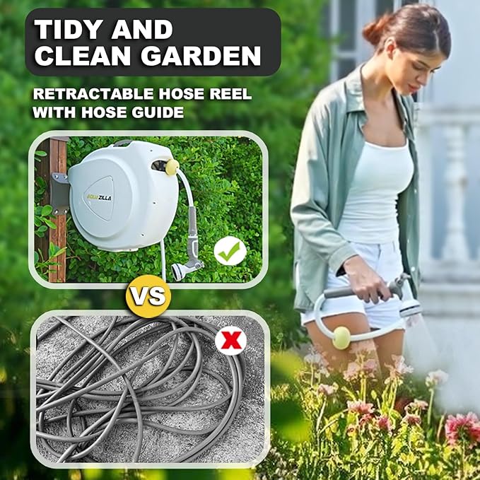 Retractable Garden Hose Reel, 1/2 in 75+6ft, Heavy Duty Wall Mounted Water Hose Reel, Spring power Automatic Rewind, Any Length Lock, 180° Swivel Bracket, 10 Pattern Spray Nozzle