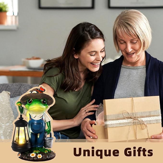 Solar Garden Decor - Frog Statues with Lantern 9" Resin Solar Frogs for Outdoors Patio Yard Porch Lawn Balcony Decor Ideas Animal Lover Gardening Gifts for Women Mom Wife