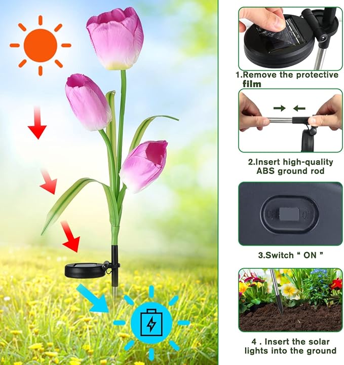 Veesee Outdoor Solar Tulip LED Flower Light, Christmas Gift, Solar Garden Stake Flowers, Decorative Solar Lamp for Patio Lawn,Solar Path Tulip Lights, Lawn, Garden, Yard, Grave Decoration-Red