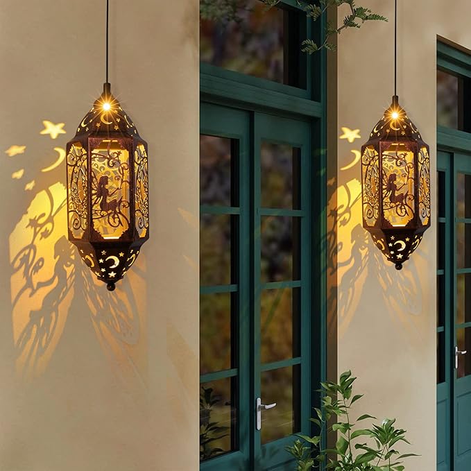 Go2garden 12.4" Outdoor Solar Lanterns Waterproof Garden Gifts Women, Moon Fairy Statue Solar Haning Lights for Patio, Yard Decorations, Mothers Day Gifts for Mom, Grandma(2Pack, Red Copper)