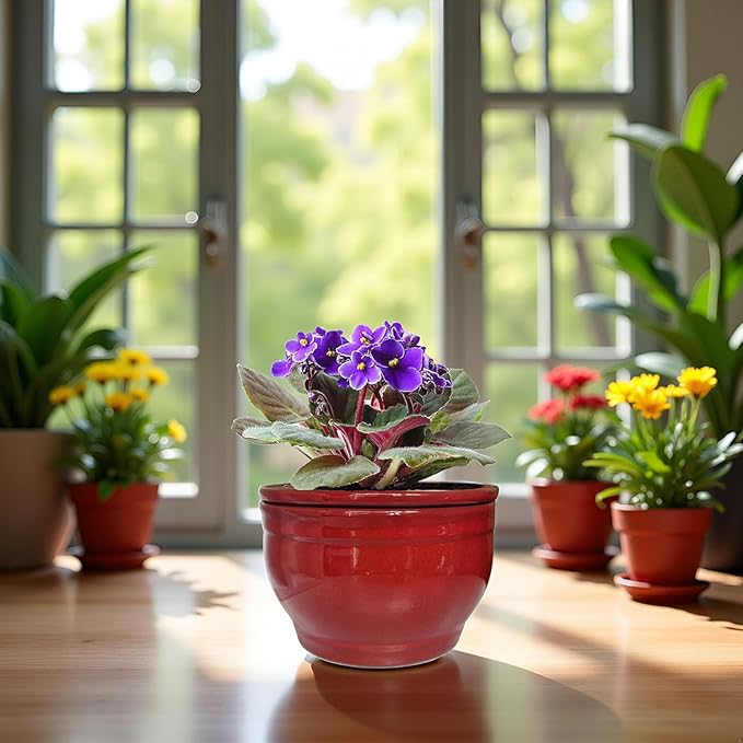 African Violet Pots Self Watering Round Ceramic Violet Pot (red, 6 inch)