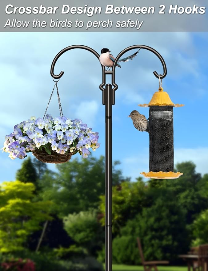Outdoor Double Shepherds Hook with 5 Prong Base, 76 Inch Adjustable Heavy Duty Two Sided Bird Feeder Pole Stand for Hanging Plant Baskets, Solar Light Lanterns, Hummingbird Feeder, 1 Pack