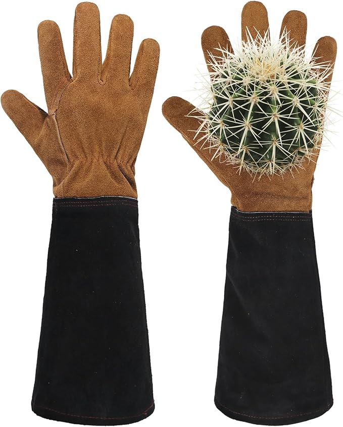 HANDLANDY Leather Gardening Gloves for Men & Women, Rose Pruning Thorn Proof Garden Glove, Long Sleeve Gauntlet Gloves (Black-brown, Medium (Pack of 1))