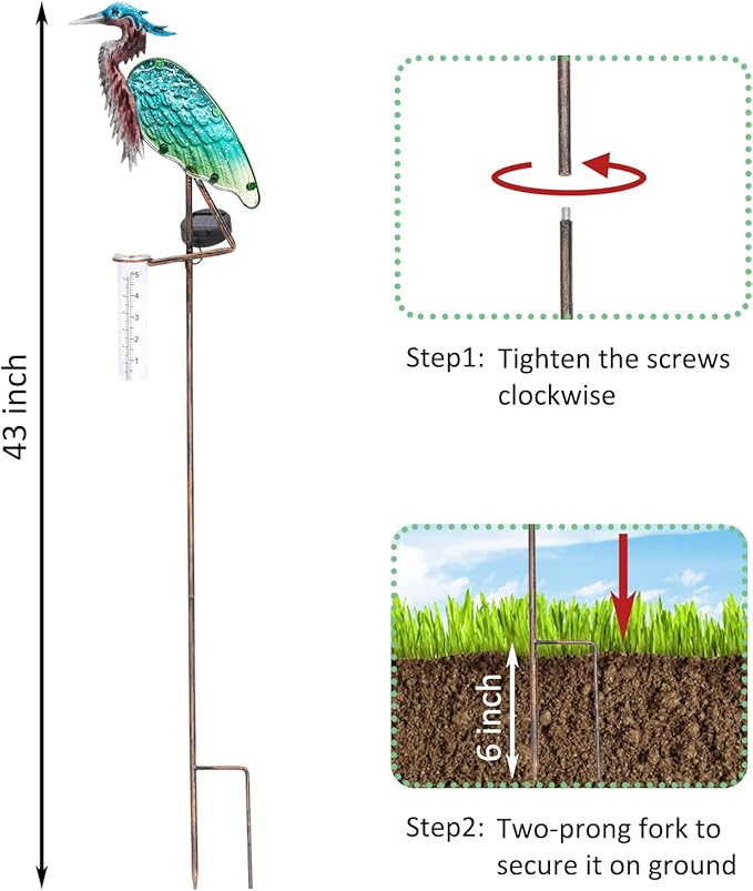 LEWIS&WAYNE 43’’ Solar Heron Rain Gauge Outdoor Decorative Metal Stake LED Lights with Glass Tube Solar Pathway Lights for Garden, Yard, Patio, Lawn Decor
