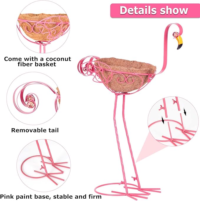 Set of 2 Pink Metal Flamingo Planters with Basket for Indoor Outdoor Garden Yard Decor