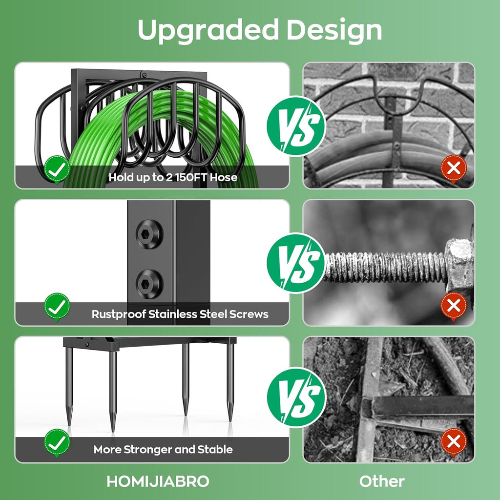 Garden Water Hose Holder Holds 2 * 150Ft Hoses, Heavy-Duty Metal Freestanding Hose Holder with 4 Spikes, Rustproof Garden Hose Reels Hose Hanger Storage for Outside, Yard, Lawn, Farm, Black
