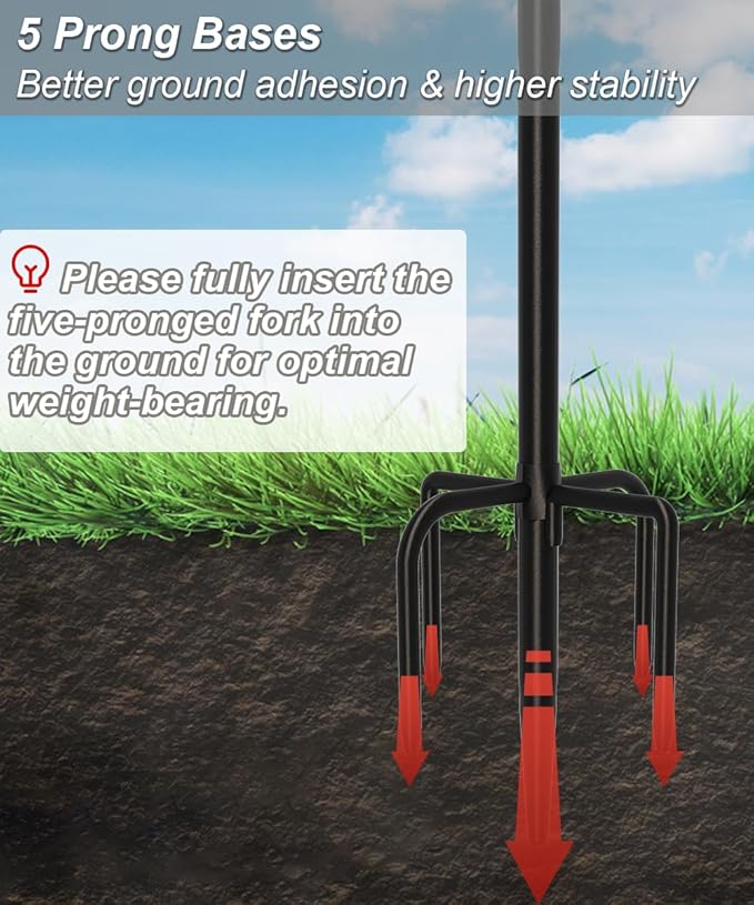Outdoor Double Shepherds Hook with 5 Prong Base, 60 Inch Adjustable Heavy Duty Two Sided Bird Feeder Pole Stand for Hanging Plant Baskets, Solar Light Lanterns, Hummingbird Feeder, 1 Pack