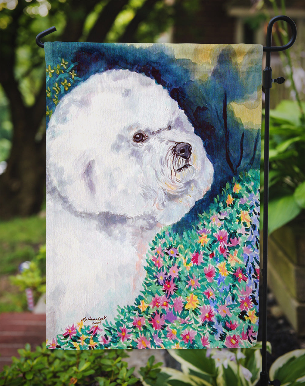 Bichon Frise in the flowers Garden Flag – Decorative Outdoor Yard Flag