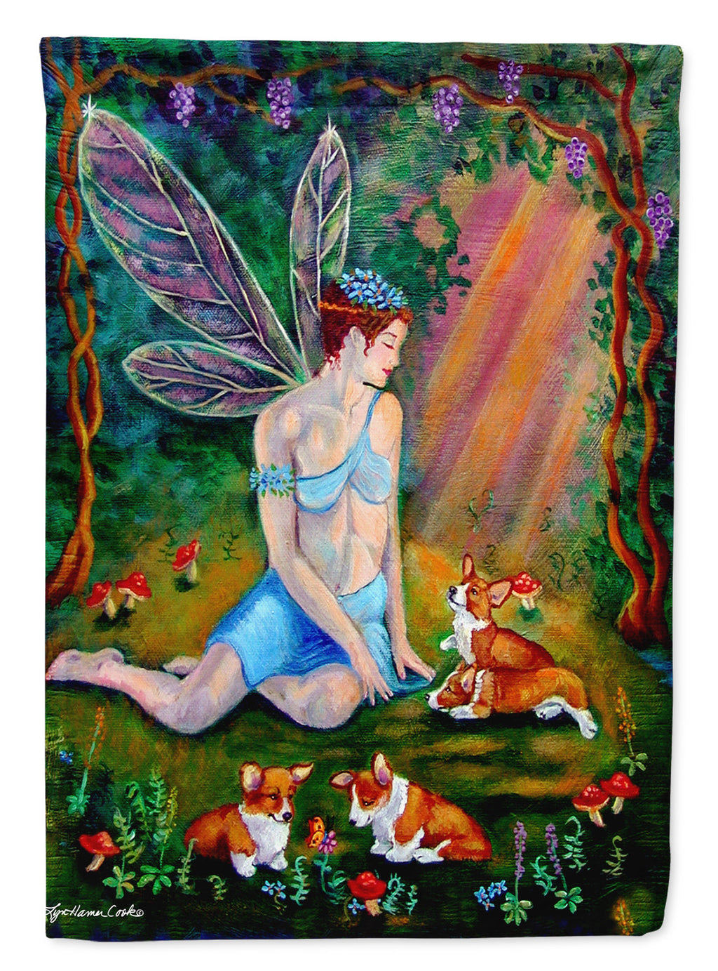 Fairy in the woods with her Corgis Garden Flag – Decorative Outdoor Yard Flag 7295GF