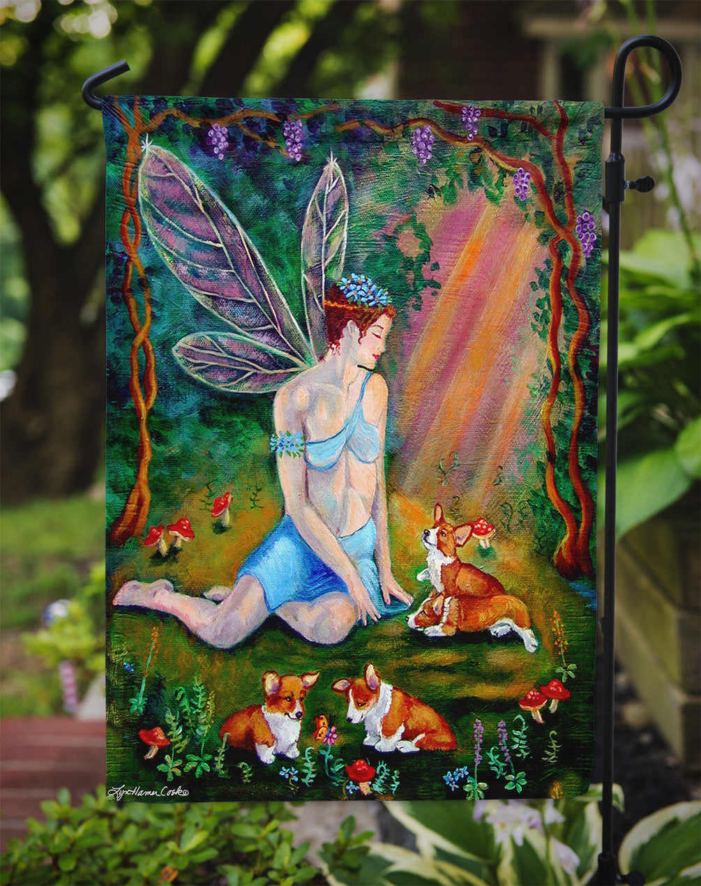 Fairy in the woods with her Corgis Garden Flag – Decorative Outdoor Yard Flag 7295GF