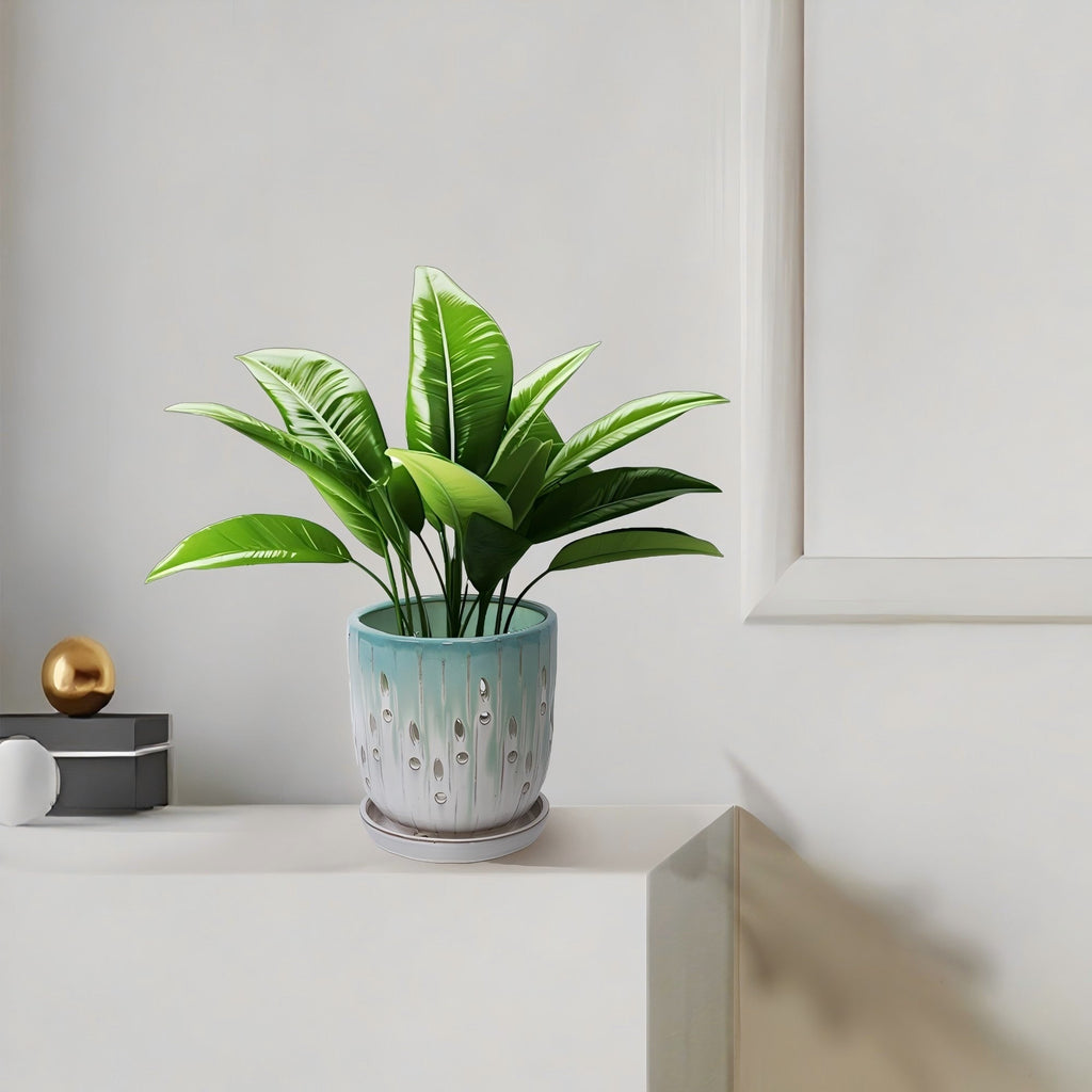 Set of 2 Ceramic Flowerpot with Drainage Hole, 8' Modern Planter for Patio, Garden, Windowsill - White Green