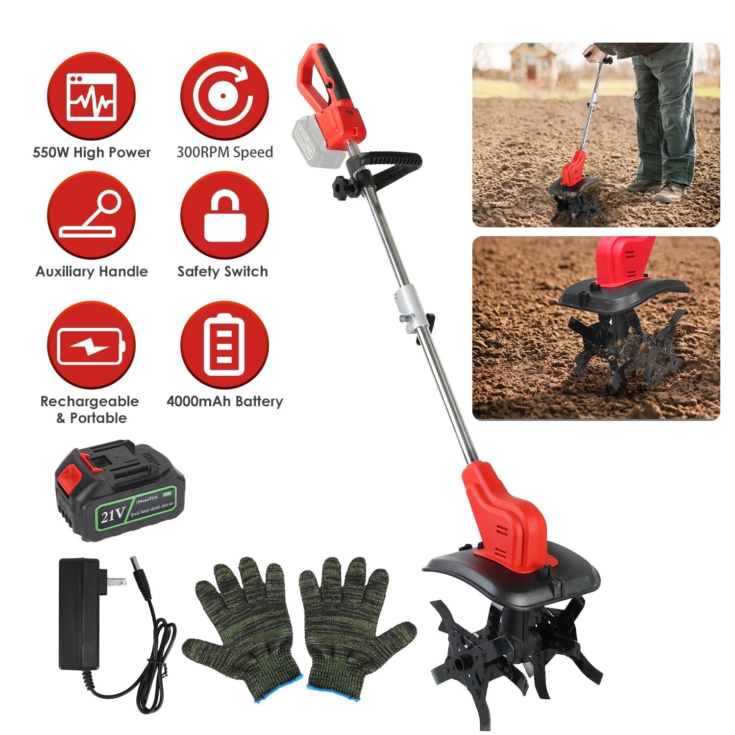21V Electric Cordless Tiller Cultivator Powered Garden Tiller with 4 Blades 16 Steel Tines 550W 300RPM 4000mAh Battery Tilling 9-in Width & 9-in Depth