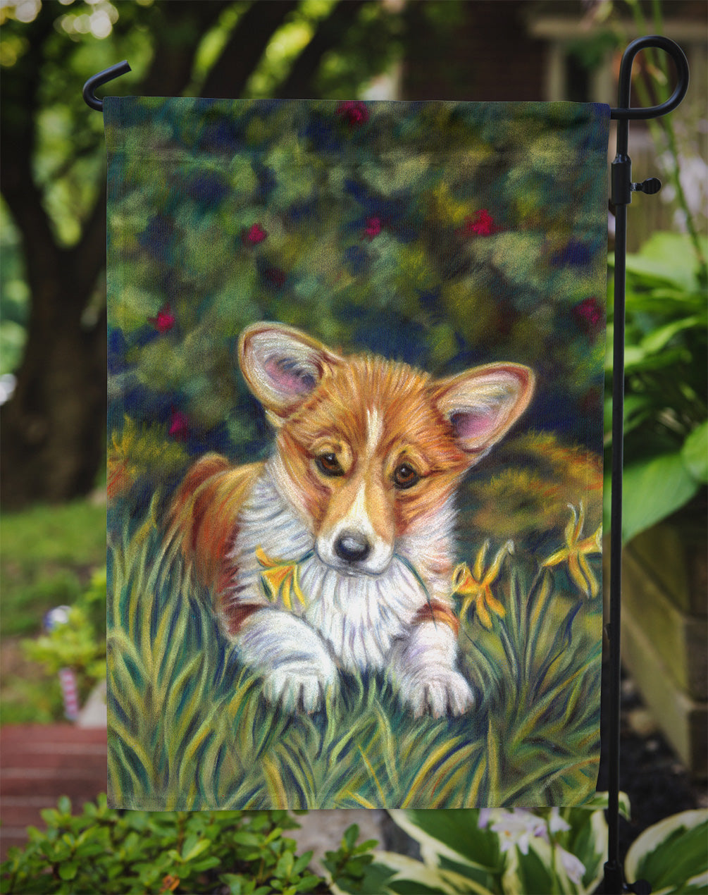 Corgi Pup and Daffodils Garden Flag – Decorative Outdoor Yard Flag 7300GF