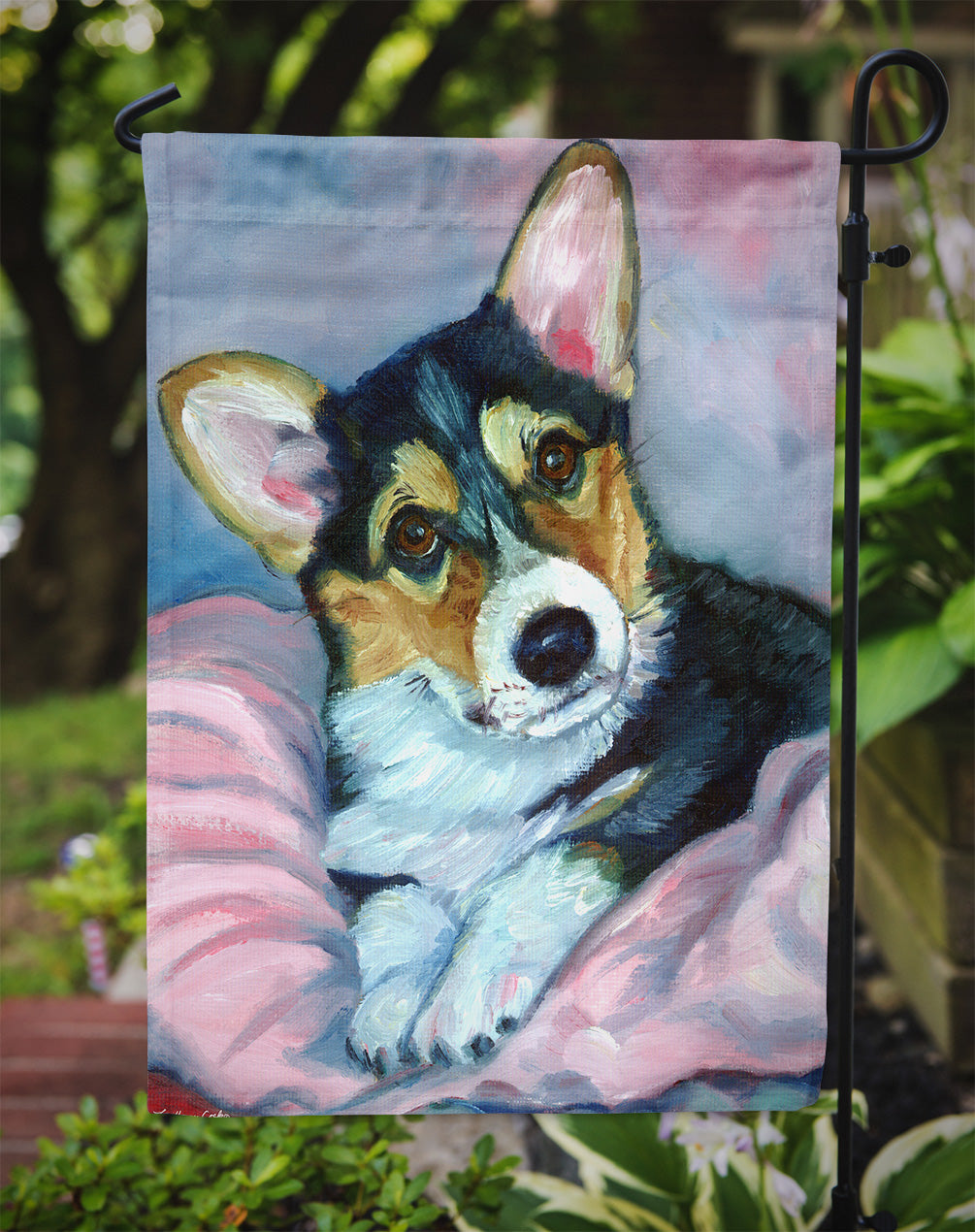 Corgi Puppy with pink blanket Garden Flag – Decorative Outdoor Yard Flag 7301GF