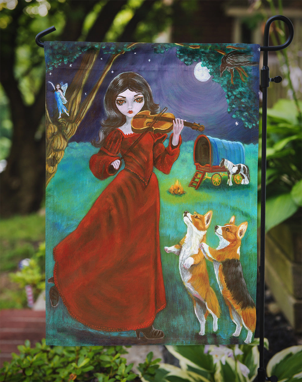 Fairy Moon Dance with Corgi Garden Flag – Decorative Outdoor Yard Flag 7376GF