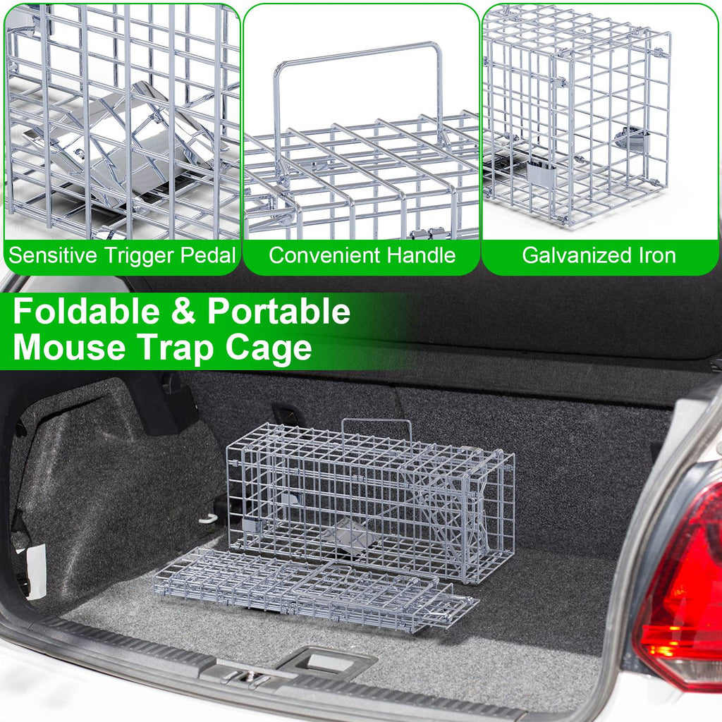 2Pcs Foldable Rat Trap Cage Humane Live Rodent Trap Cage Galvanized Iron Mice Mouse Control Bait Catch with Detachable L Shaped Rod For Kitchen Garden