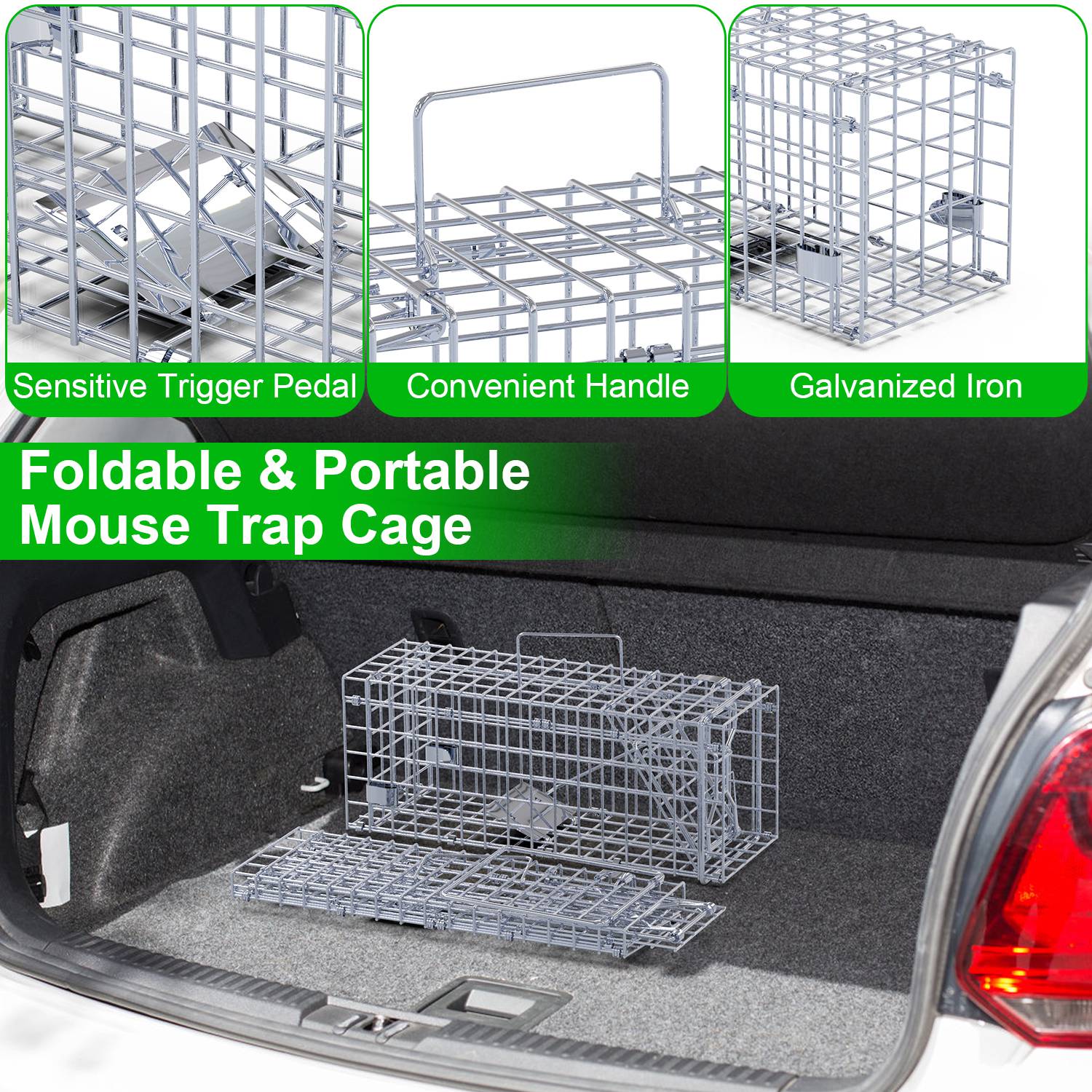 2Pcs Foldable Rat Trap Cage Humane Live Rodent Trap Cage Galvanized Iron Mice Mouse Control Bait Catch with Detachable L Shaped Rod For Kitchen Garden