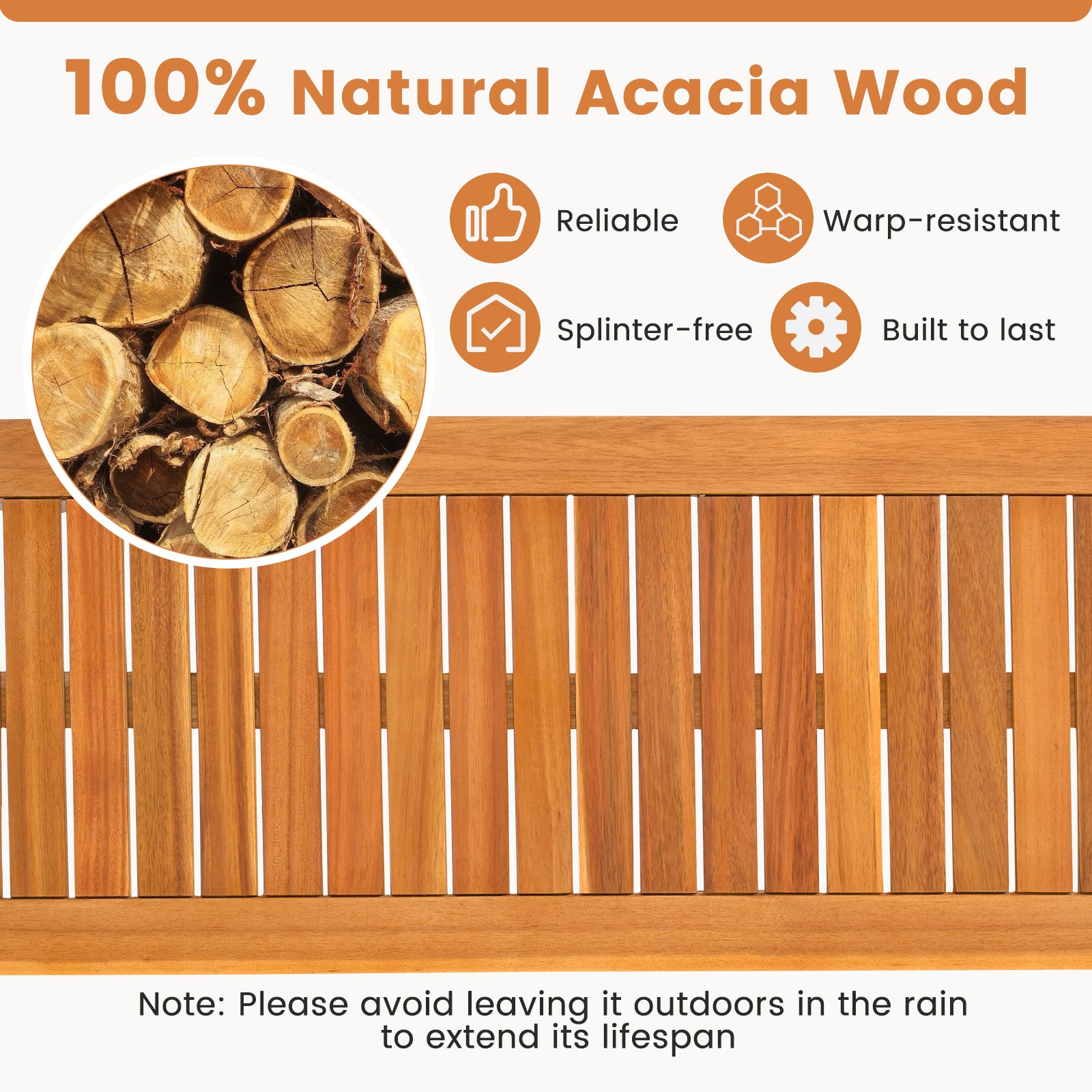 Set of 2 Acacia wood outdoor bench with slatted seat for garden