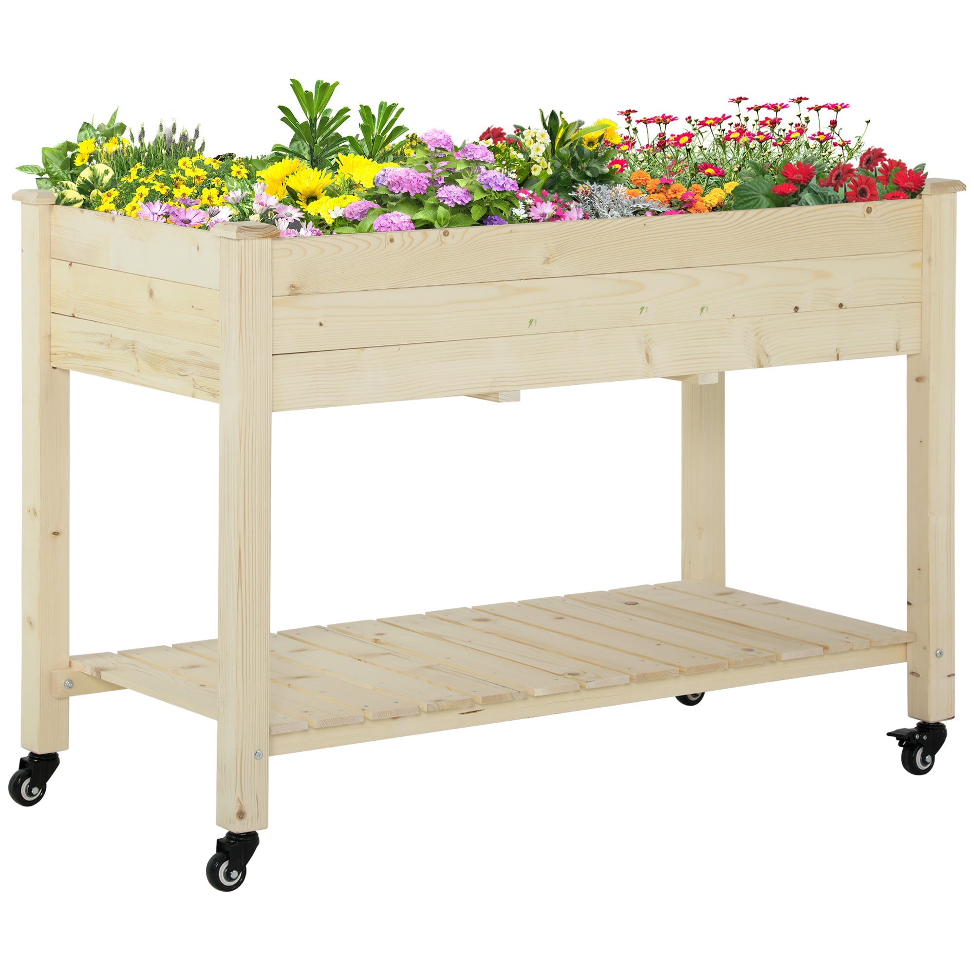 Outsunny Raised Garden Bed with Lockable Wheels and Storage Shelf, Natural Wood, 47 x 22 x 33 Inches