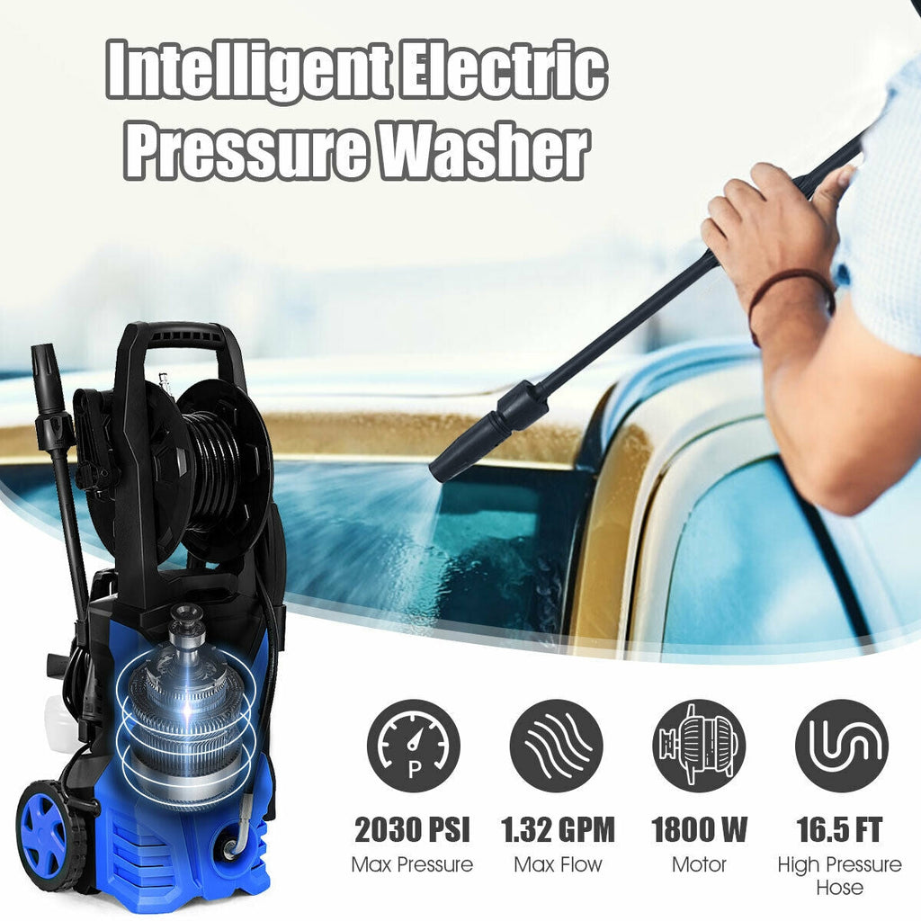1800W 2030PSI Electric Pressure Washer Cleaner with Hose Reel-Blue