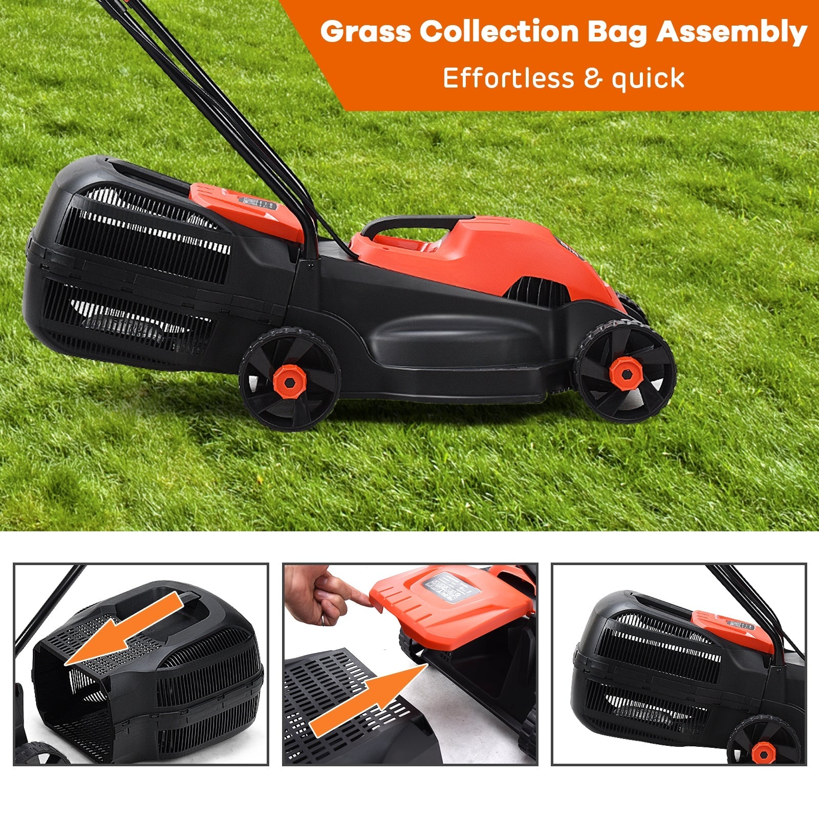 13 Inch Electric Push Lawn Corded Mower with Grass Bag-Red